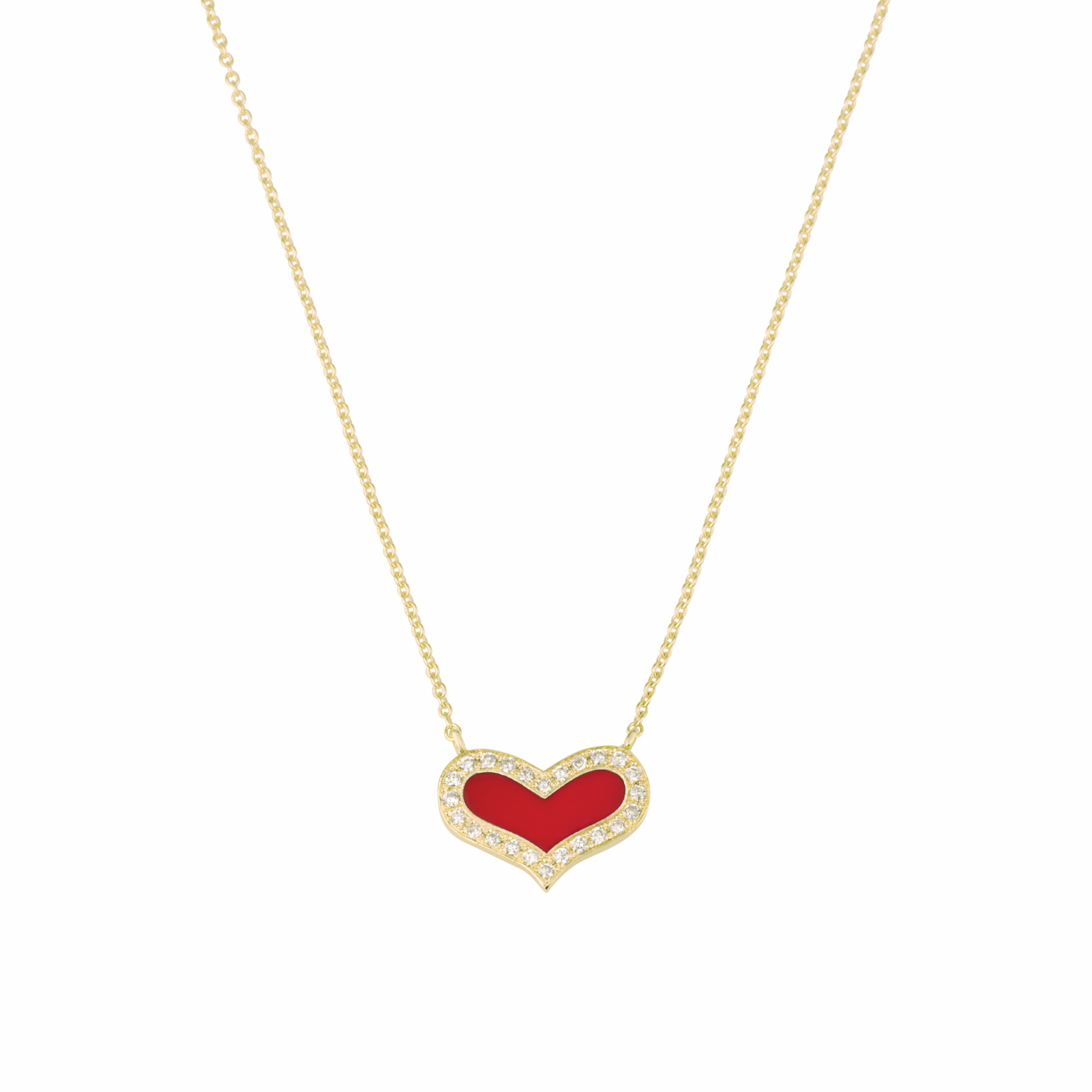 Yellow Gold Heart Necklace Set with Diamonds and Red Enamel HEART DIAMONDS NECKLACE