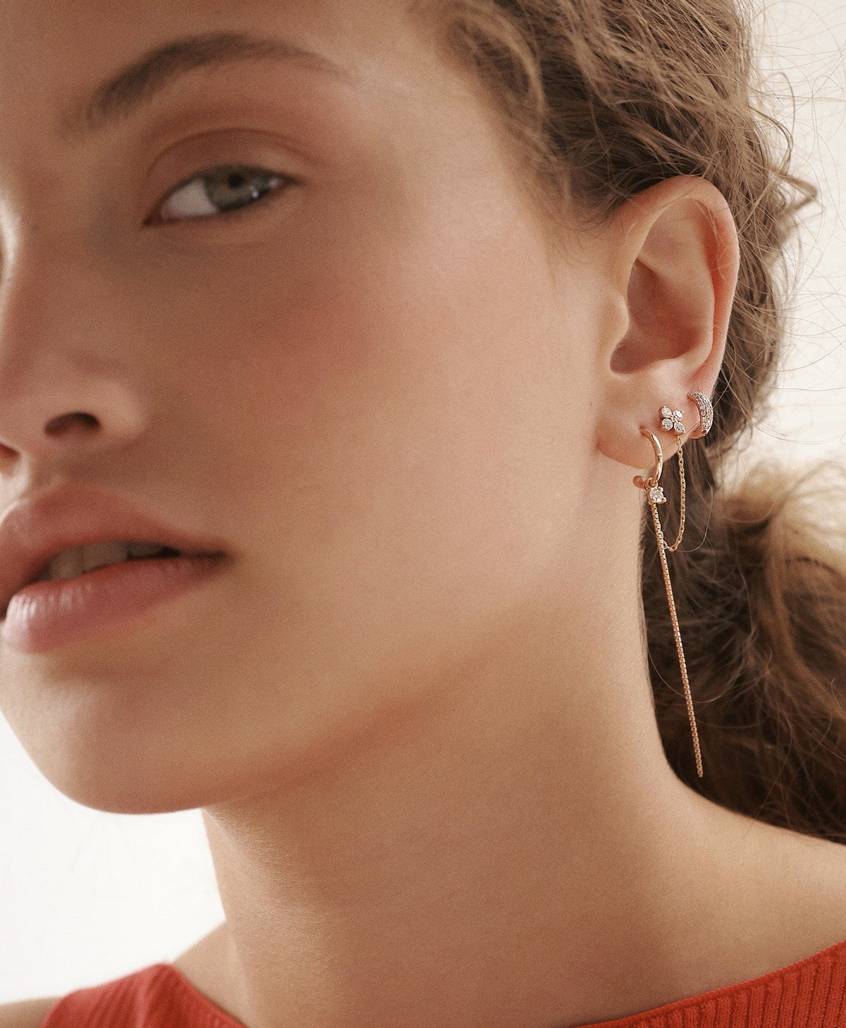 FOUR XL Yellow Gold Stud Earring Set with Natural Diamonds on Model