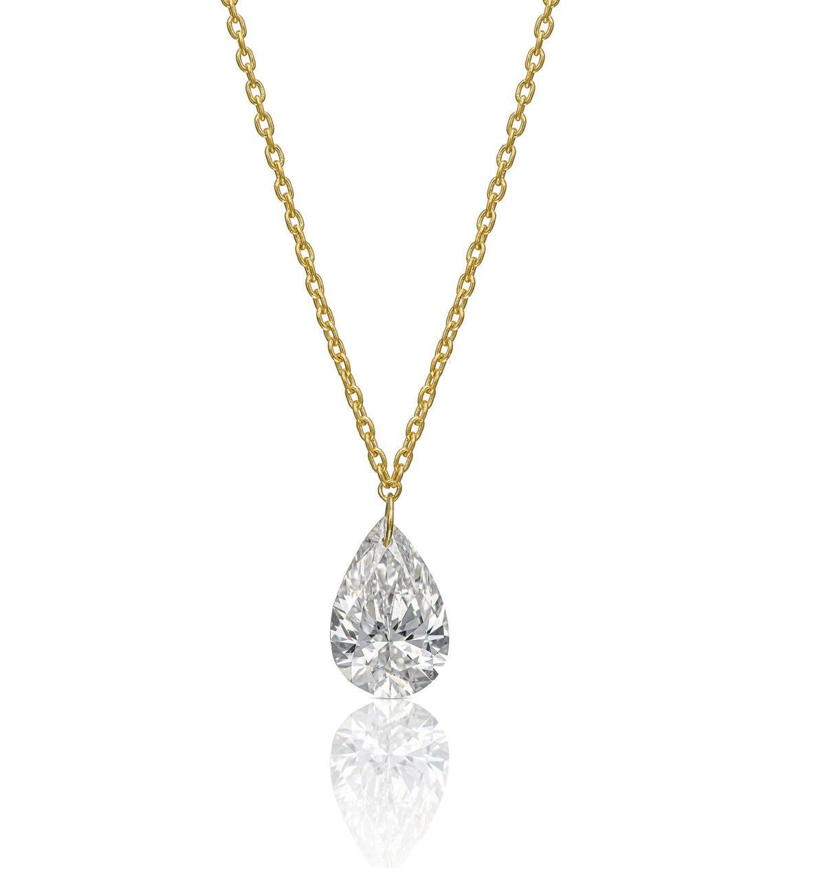 PEAR shape yellow gold floating lab diamond necklace front view