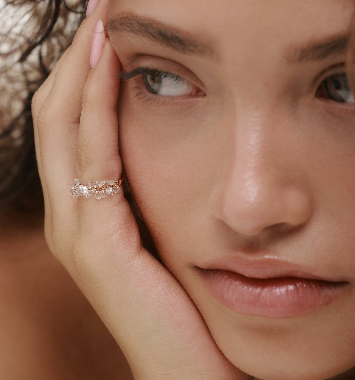 PINKY BRIGITTE floating rose cut diamond ring in rose gold worn on model pinky finger