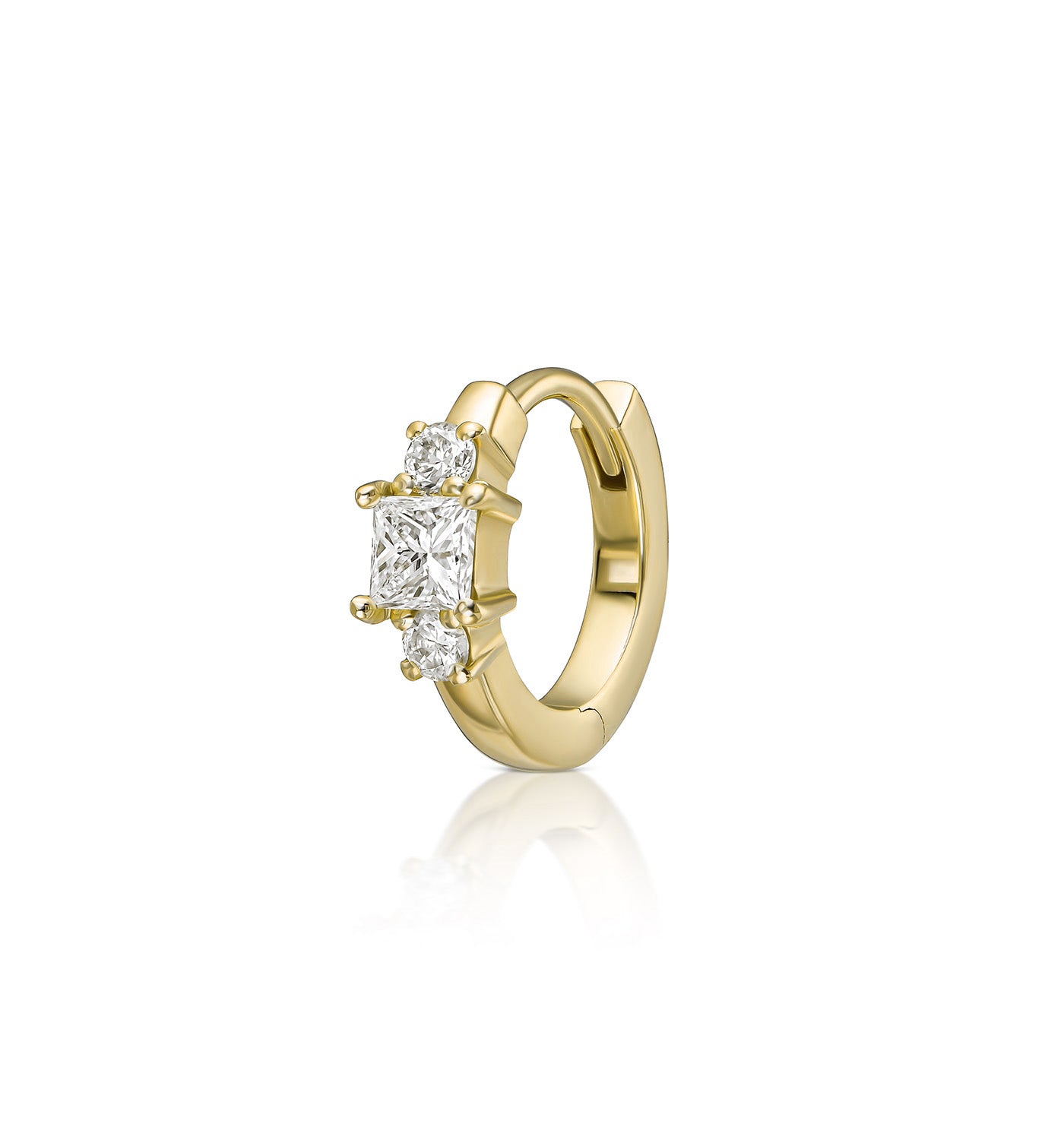 Small yellow gold hoop earring set with three natural diamonds suitable for tragus or helix piercing
