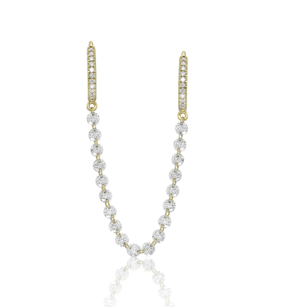 TWIN yellow gold floating diamond double hoop earring front view